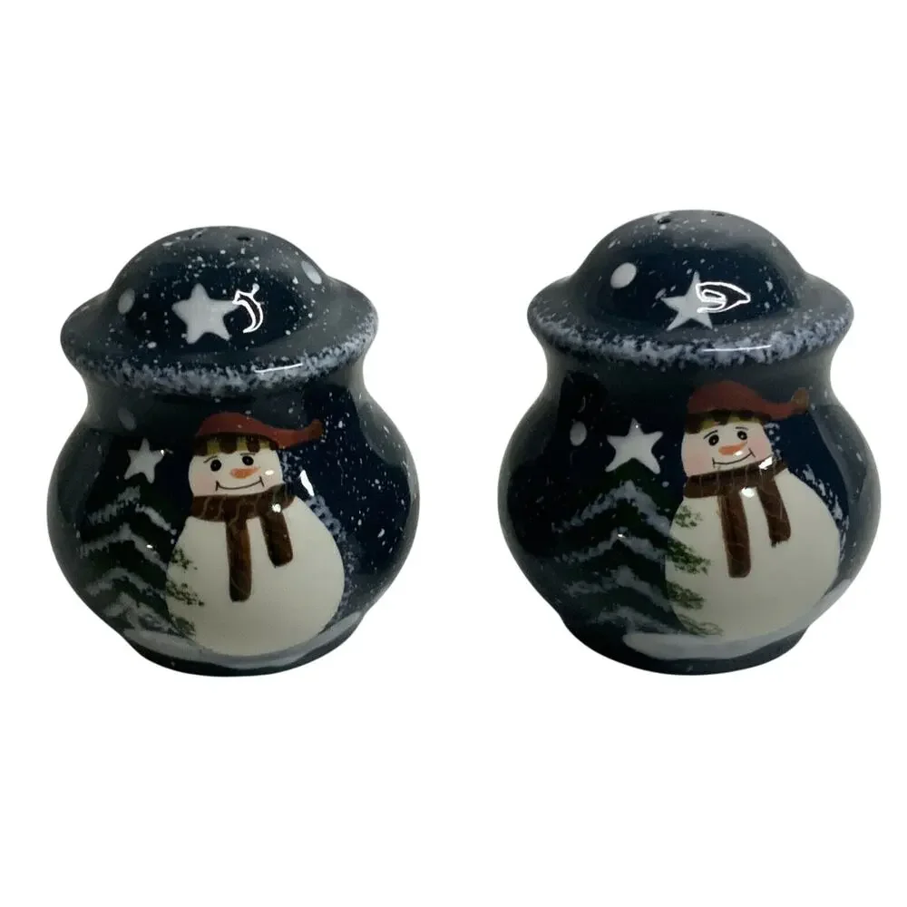 Christmas Holiday Snowman Salt and Pepper Shakers Cobalt Blue Multicolor Ceramic